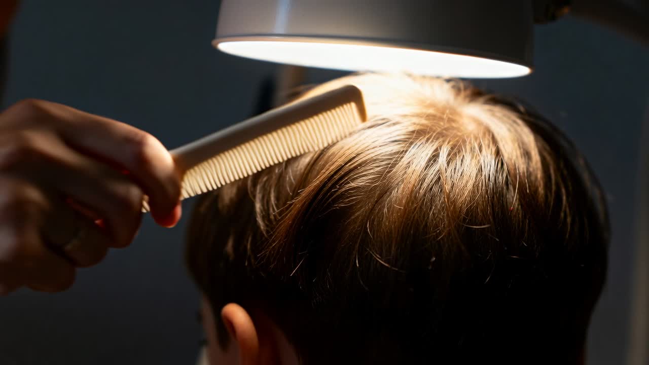 Combing adult hand entering from left, aligning child's hair part under task lamp with white comb
