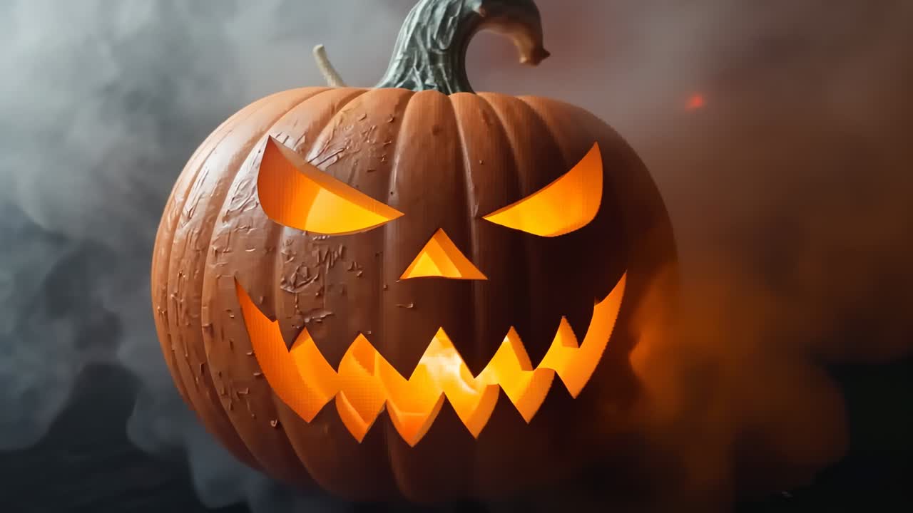 Candlelight causing carved pumpkin rotating on tabletop with drifting smoke and flickering features