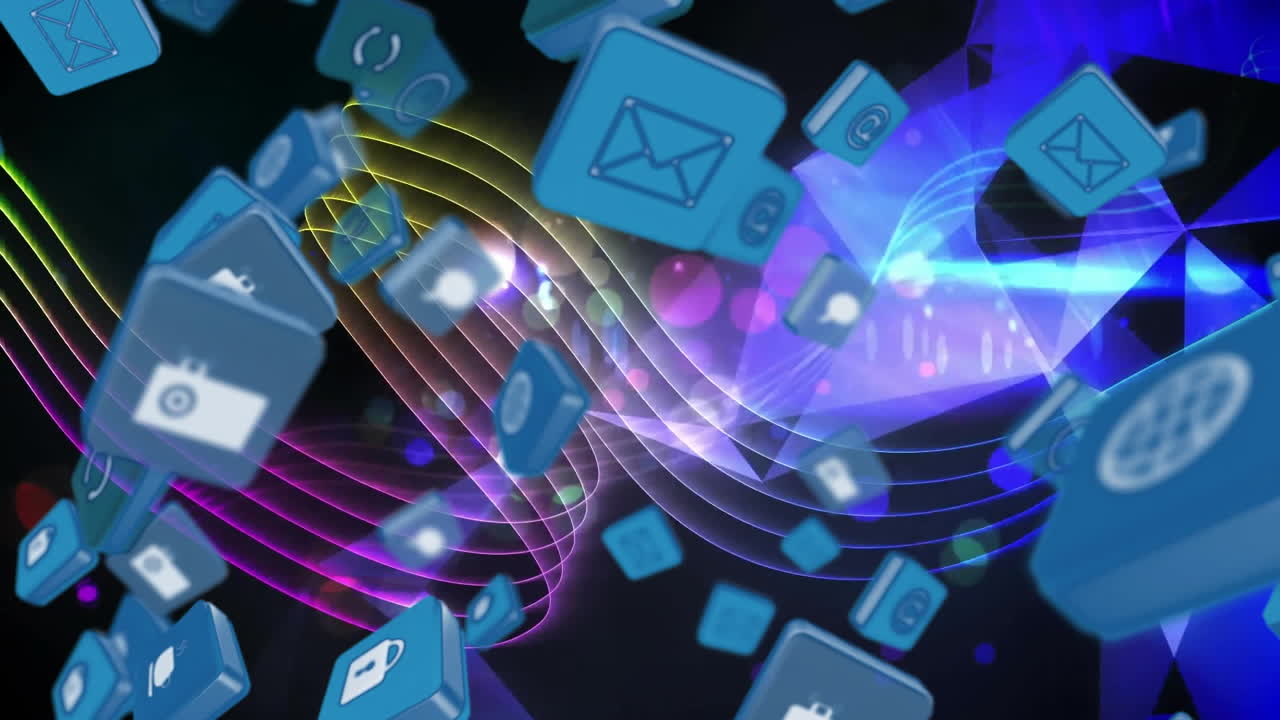 animación de iconos 3d y destellos de lentes sobre un patrón abstracto contra un fondo negro