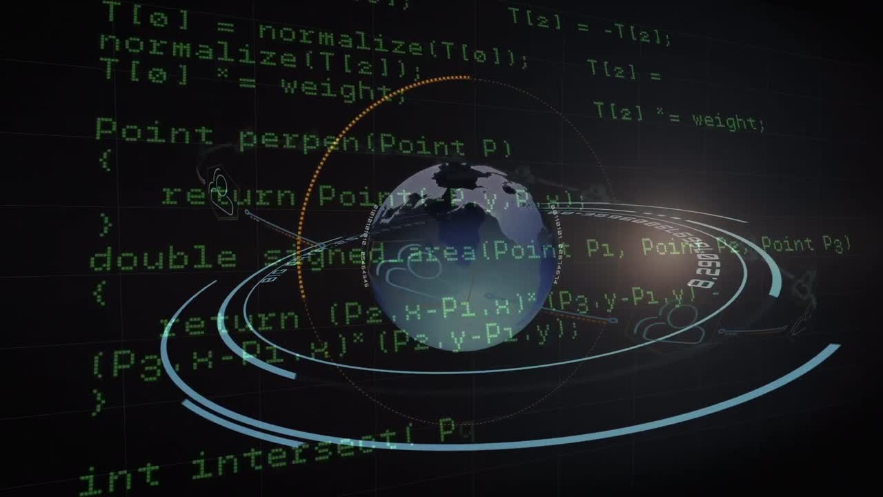 procesamiento de datos y globo giratorio sobre escáner redondo contra fondo negro