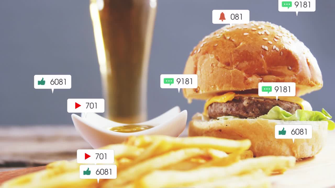 After first frame badges popping near beer, fries and burger, growing and showing marketing buzz
