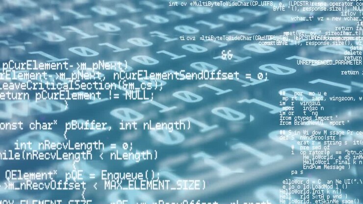 Digital animation of data processing against binary coding data processing on blue background