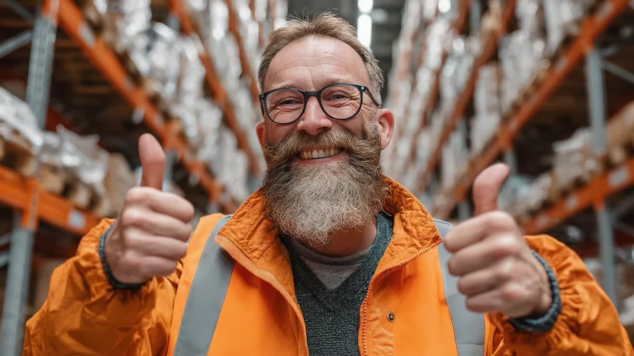 A joyful warehouse worker proudly displays his thumbs up sign in a bustling storage environment, showcasing enthusiasm and positivity in his role amidst the organized shelves