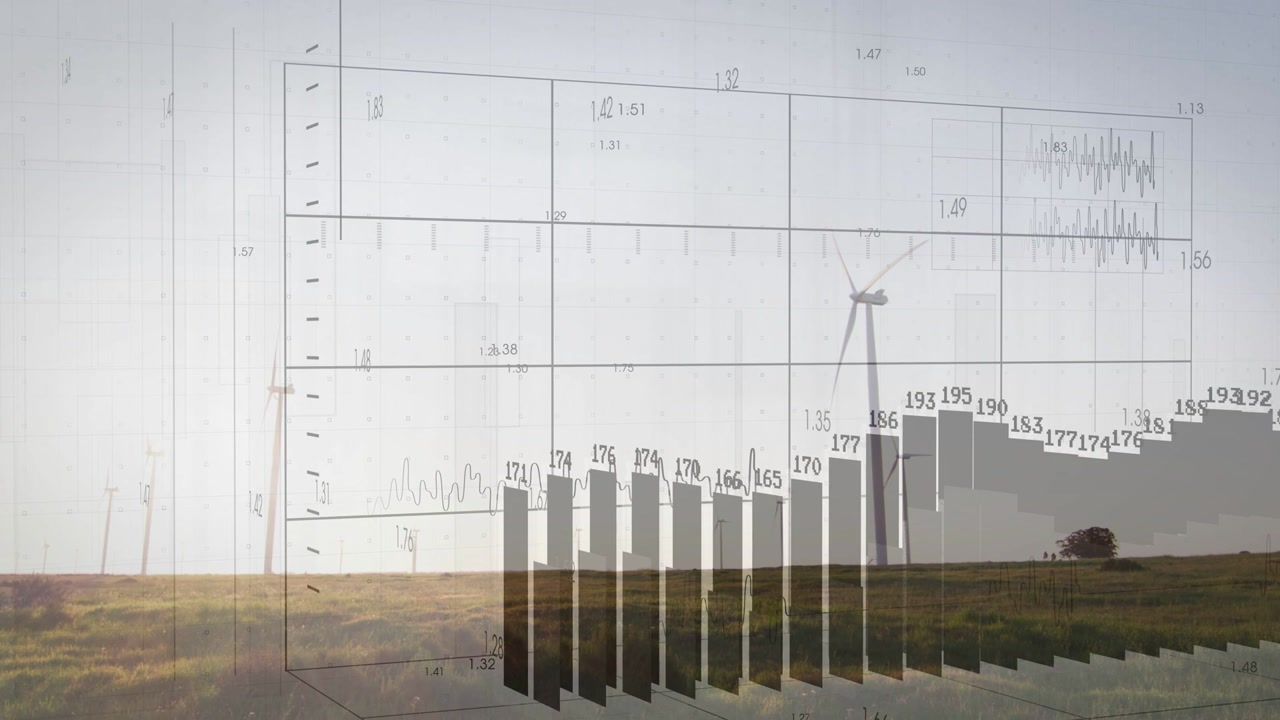 Data overlay animating over turbines grid appearing then bars rising showing wind energy output