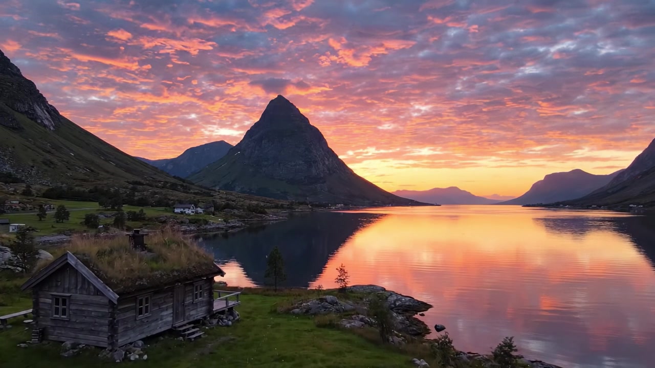 Coucher de soleil époustouflant sur un lac paisible entouré de montagnes majestueuses et d'une cabane charmante, capturant la beauté de la nature en couleurs vibrantes et reflets sereins.