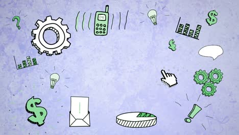 animación de iconos de negocios y oficinas sobre un fondo púrpura