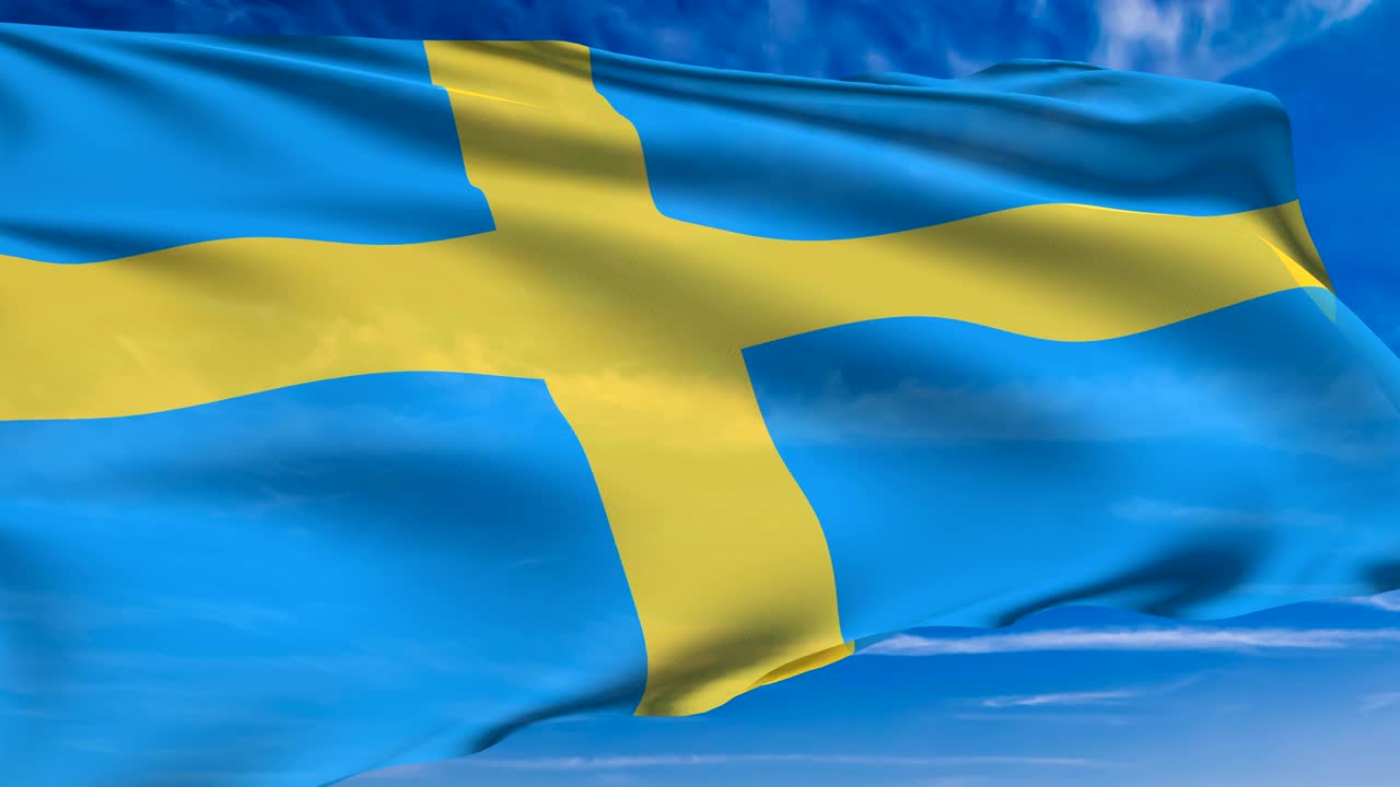 flag of Sweden with fabric structure against a cloudy sky (loopable)