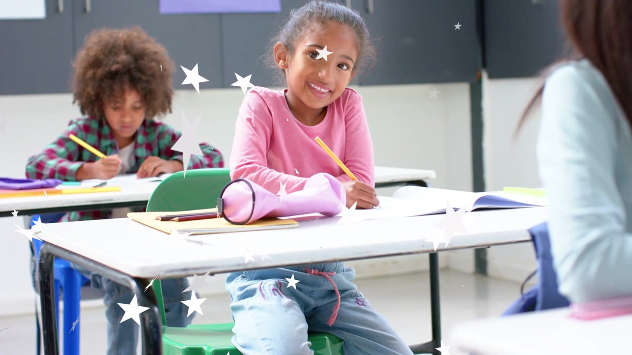 Female student writing workbook in school, stars rising, camera zooming, she smiling at peer