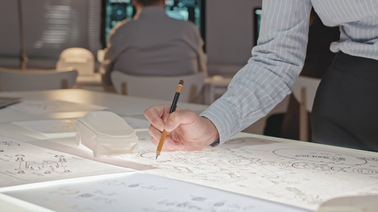 Unrecognizable Female Engineer Working on Blueprints