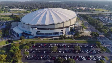 4K-Aerial-Drone-Video-of-Tropicana-Field-and-Full-Parking-Lots-in-Downtown-St