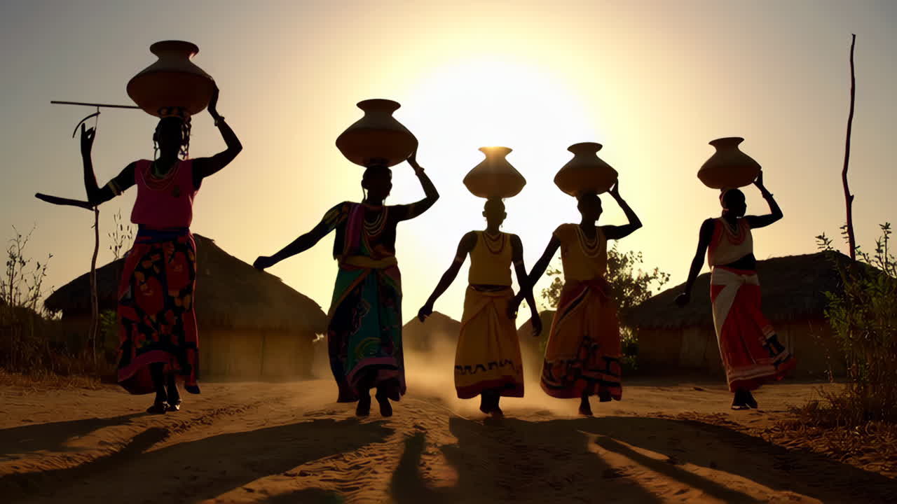 African Women Carrying Water Jugs at Sunset