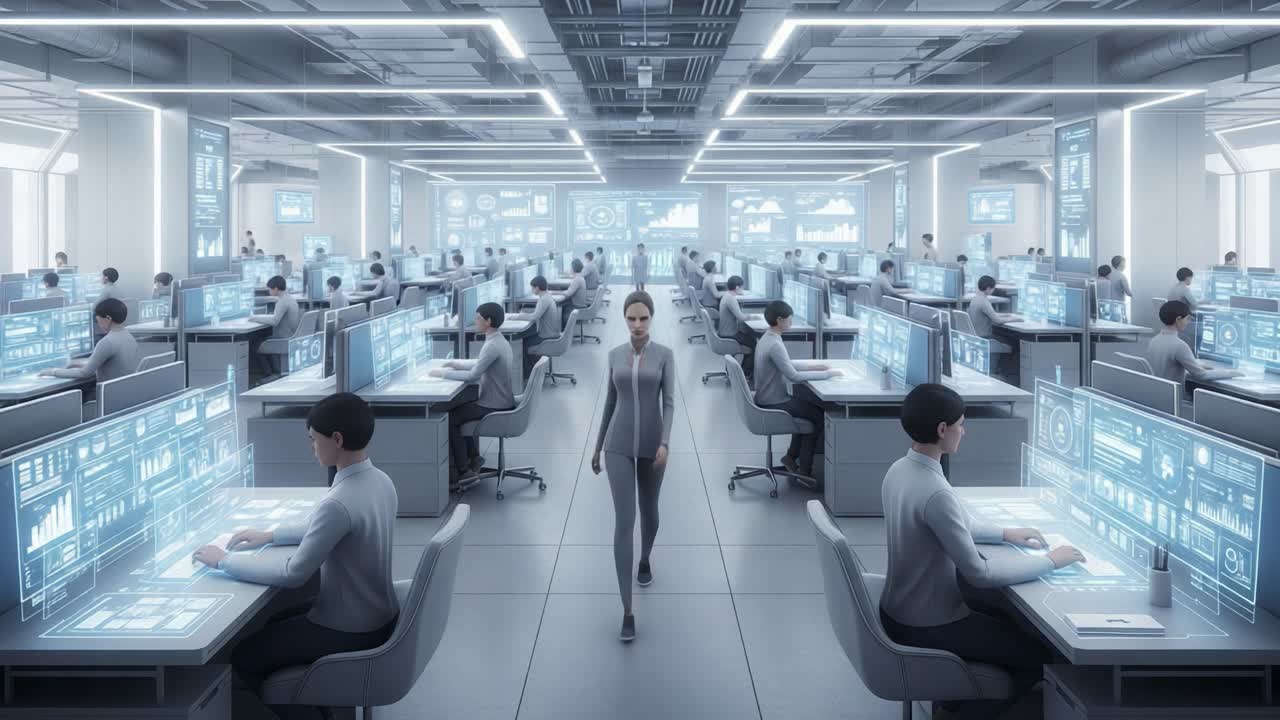 A High-Tech Office Space Featuring Multiple Workstations with Individuals Engaged in Data Management, Surrounded by Advanced Digital Interfaces and Modern Design Elements