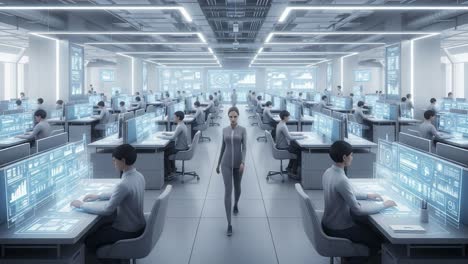 a high-tech office space featuring multiple workstations with individuals engaged in data management, surrounded by advanced digital interfaces and modern design elements