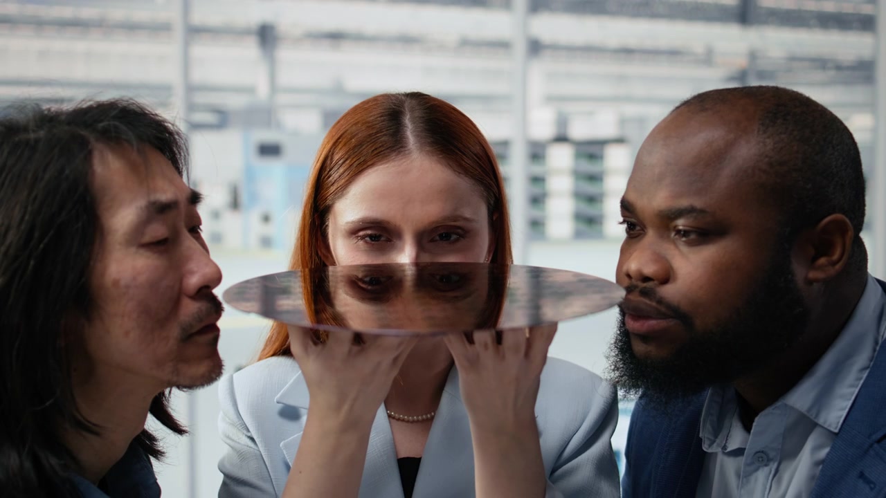 Diverse Team of Engineers Examining a Silicon Wafer