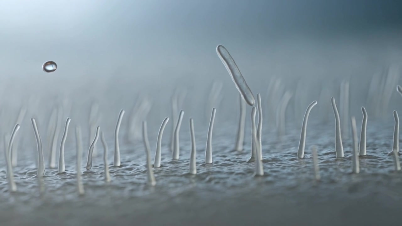 Descending long clear column contacting filament after droplet entry for microscope viewing