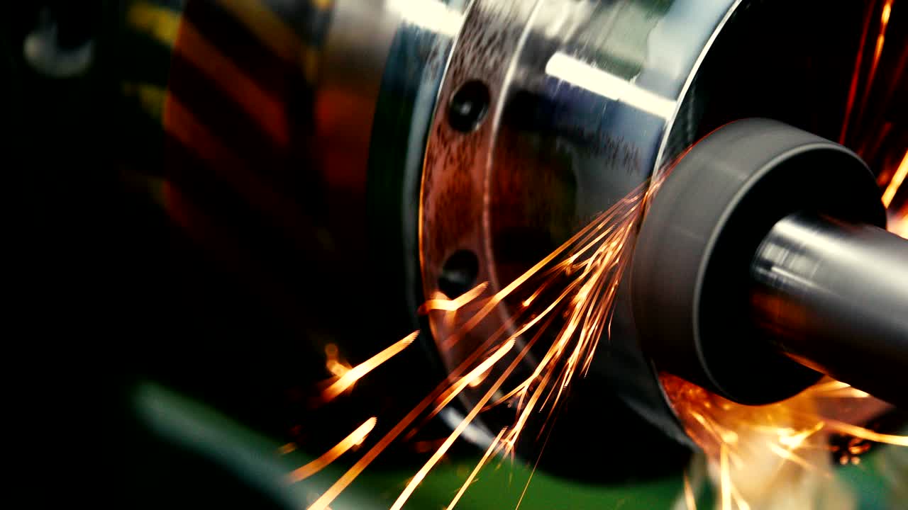 chispas que vuelan mientras la máquina engrana y termina el metal