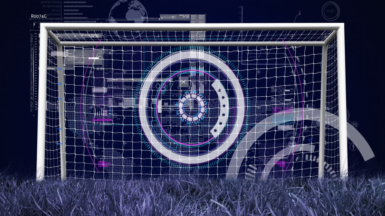 Animation of scopes scanning and data processing over football goal in sports stadium