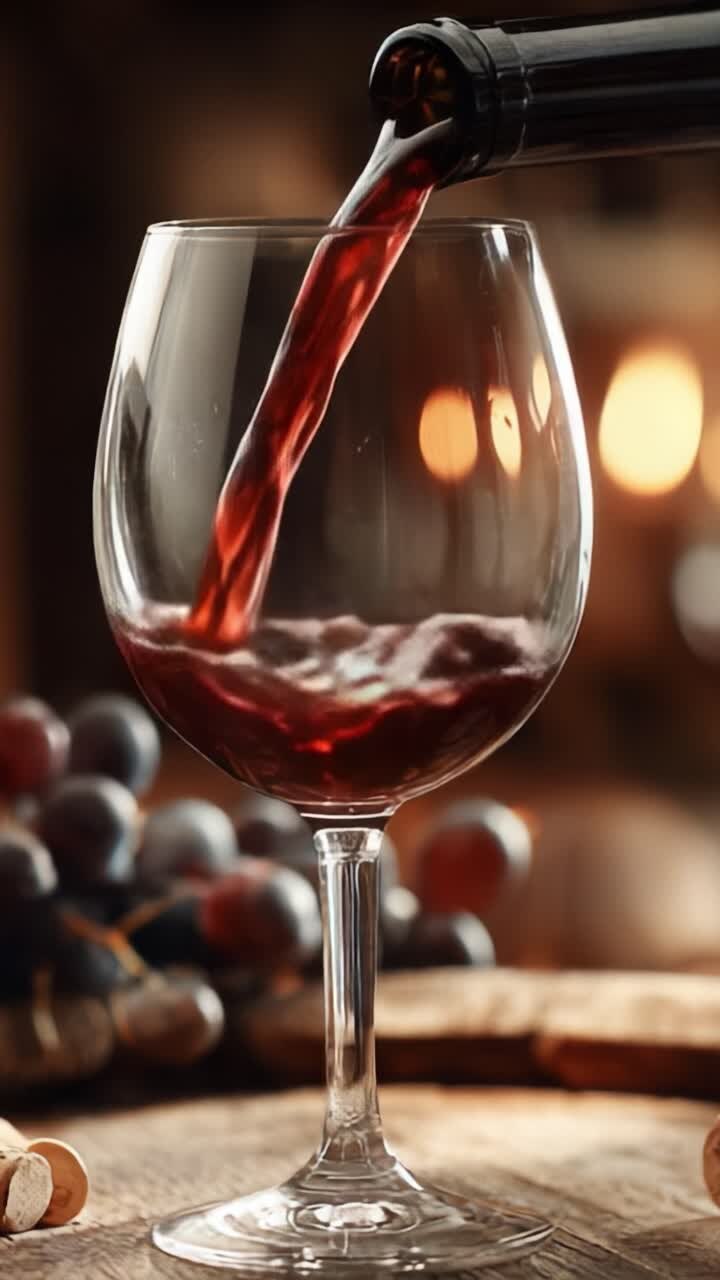 Servindo encanto: uma taça de vinho tinto sendo preenchida com um tom carmesim profundo enquanto uvas permanecem no plano de fundo, capturando a essência da indulgência e celebração
