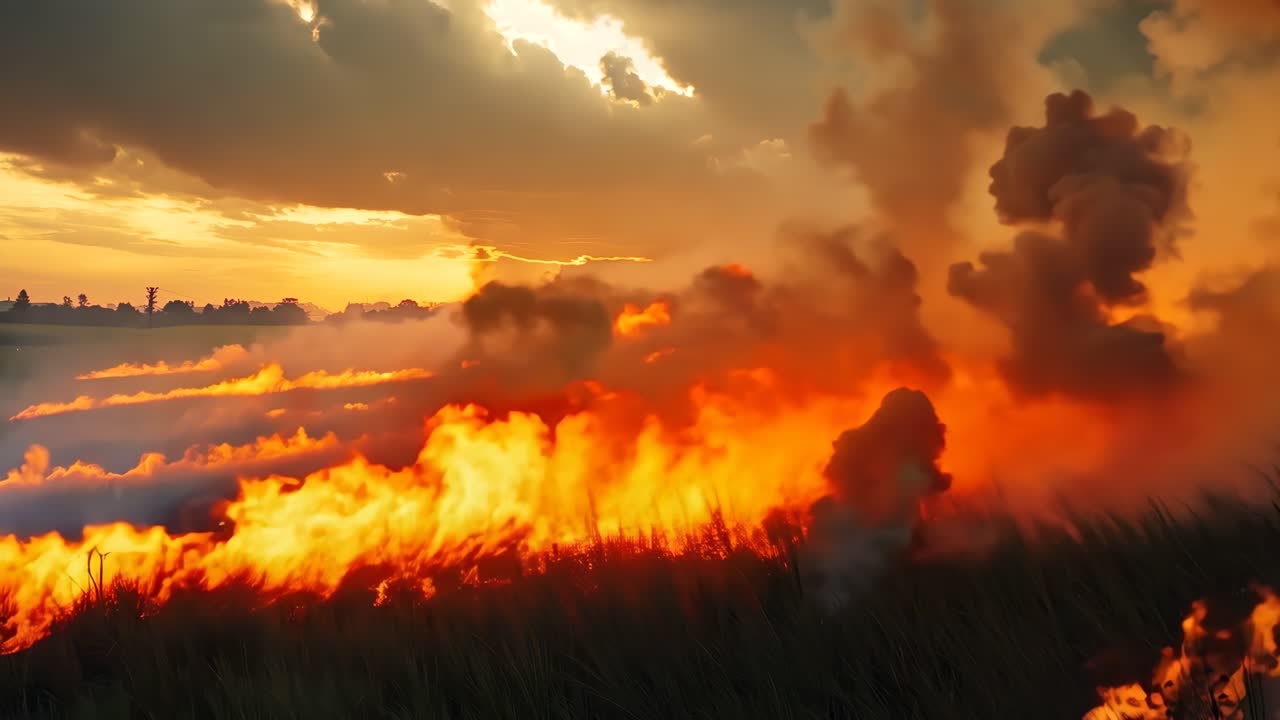 un campo de fuego en el medio de un campo al atardecer