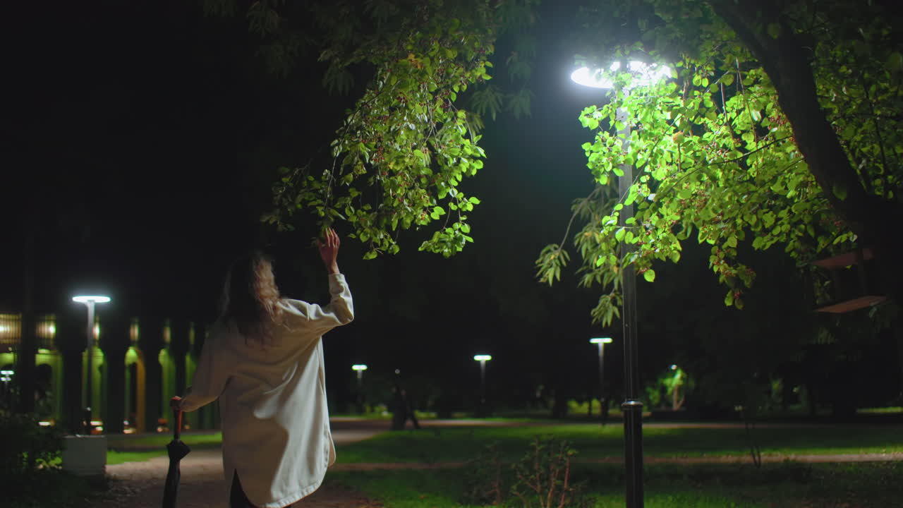 Woman gently walking through peaceful night park touches overhanging tree branch illuminated by nearby streetlamp, surrounded by lush greenery and calm ambiance under soft glowing lights