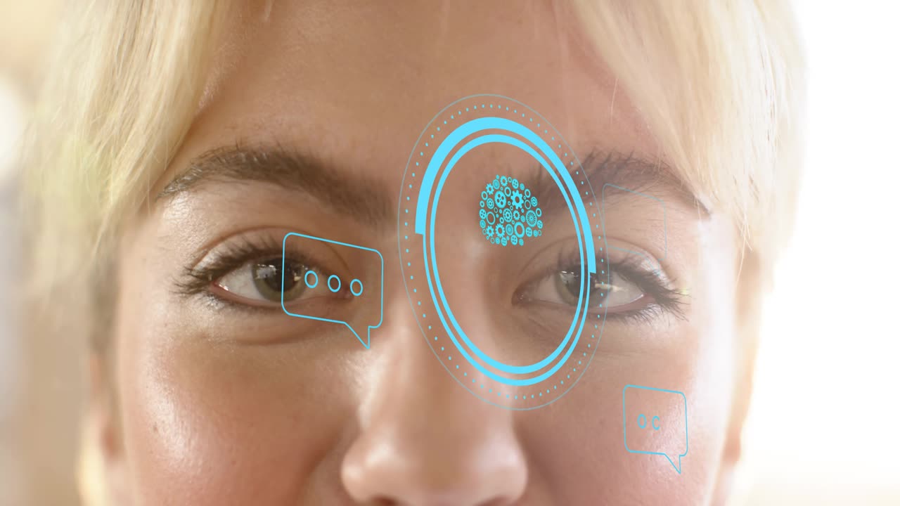 Woman watching tech brain ring and chat bubbles fading in, eyes tracking, smiling, showing UX value