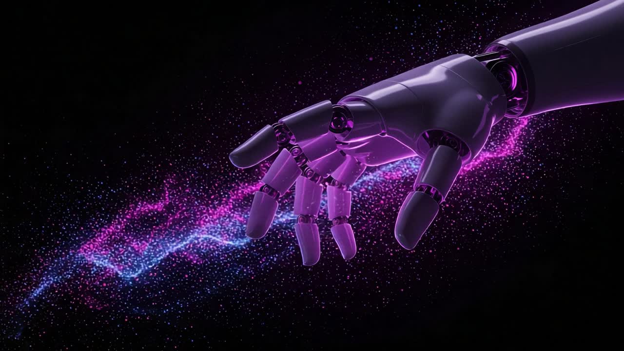 Futuristic Robotic Hand Reaching Out to Cosmic Energy in a Dark, Starry Atmosphere: A Visual Representation of the Intersection Between Technology and the Universe