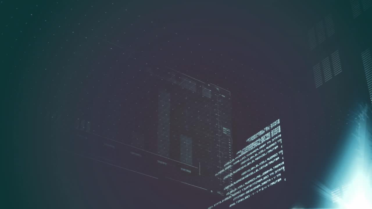 Animazione di un'interfaccia con elaborazione dati e punti luce blu su sfondo grigio