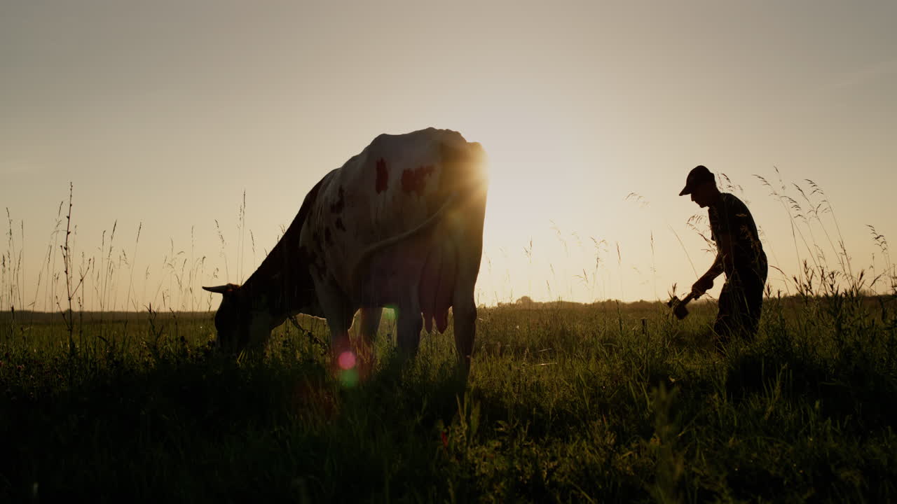 Agricultor arregla la correa de una vaca en el prado
