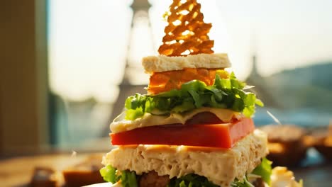 a giant burger with a tower of french fries