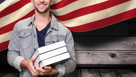 animación de un estudiante masculino sosteniendo libros sobre la bandera estadounidense