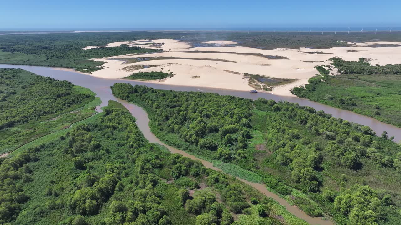 Delta do Parnaíba em Parnaíba, Piauí, Brasil. Cenário natural. Delta brasileiro das Américas. Delta do Parnaíba no Piauí. Rio sinuoso. Paisagem de praia. Viagem de férias. Nordeste do Brasil