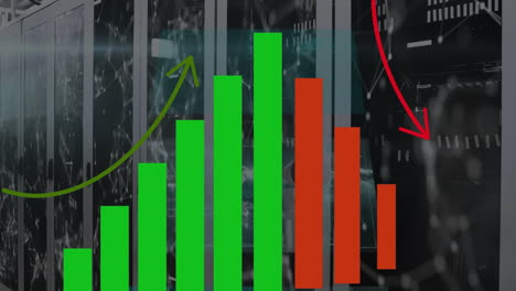 animación de gráficos digitales de barras y líneas que suben y bajan sobre moléculas gráficas y datos