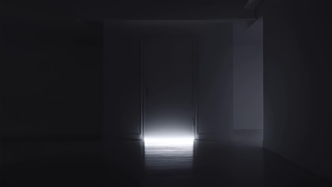 Low-key interior scene with slim floor light at doorway threshold gradually illuminating glossy flooring, narrow vertical opening on side, soft reflection, deep shadow, calm modern atmosphere