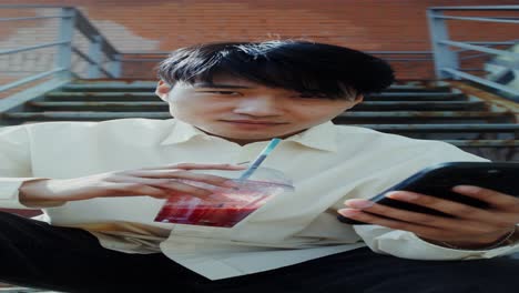 young man using smartphone and drinking smoothie outdoors