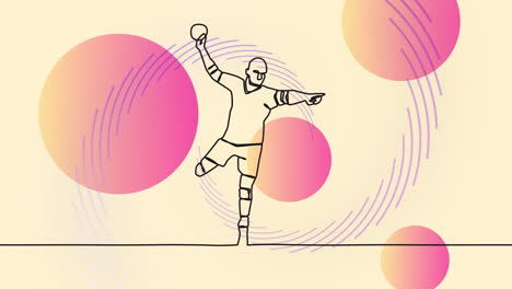 animación de dibujo de un jugador de balonmano masculino lanzando una pelota y formas en fondo beige
