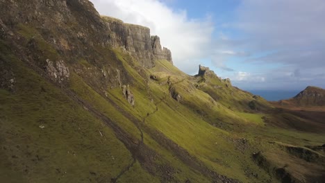 Drone-view-of-the-The-Quiraing-Walk-in-the-Isle-of-Skye,-Scotland