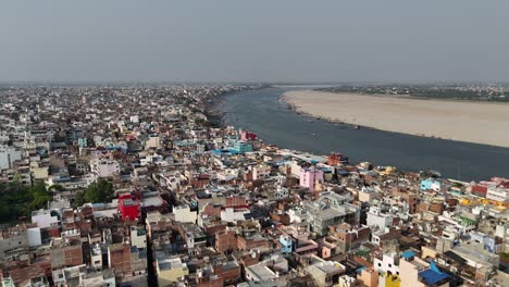 overhead footage of varanasi's dense residential areas, where life moves in rhythm with the sacred ganges.