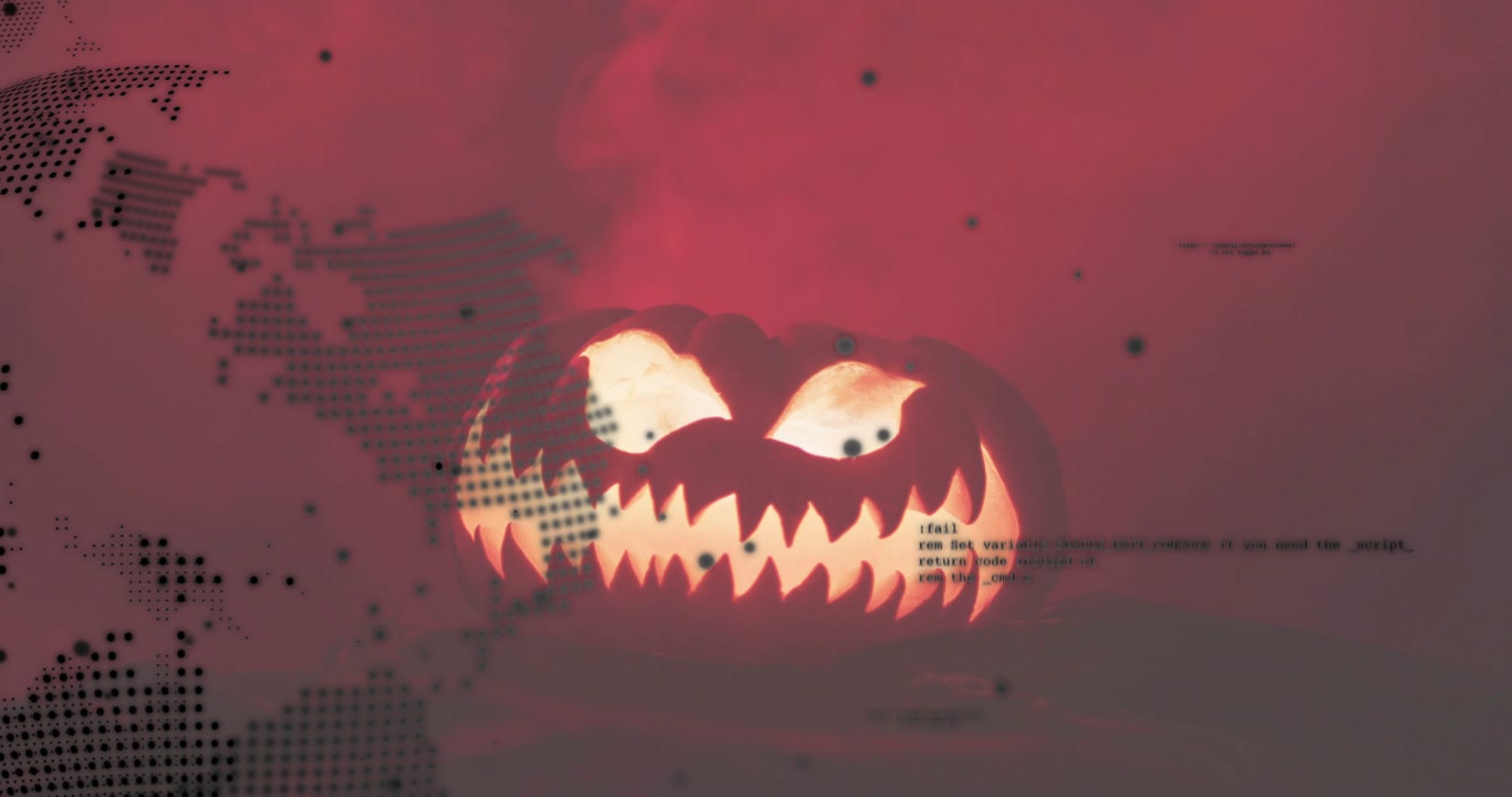 Rotating globe moving left, revealing jack-o-lantern pulsing light with smoke and glitching text