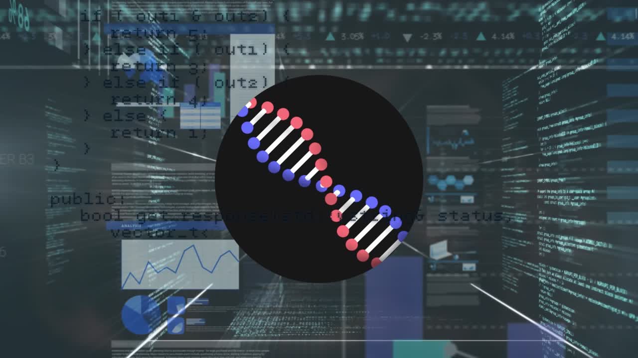 Animation of spinning dna structure over statistical data processing against grey background