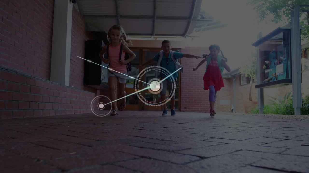 Three kids emerging under porch and sprinting toward camera for motion tech network nodes overlay