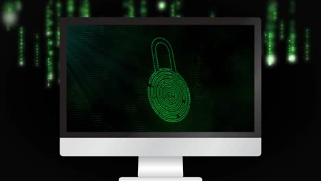 Security-padlock-icon-on-screen-of-monitor-against-green-light-trails-falling-on-black-background