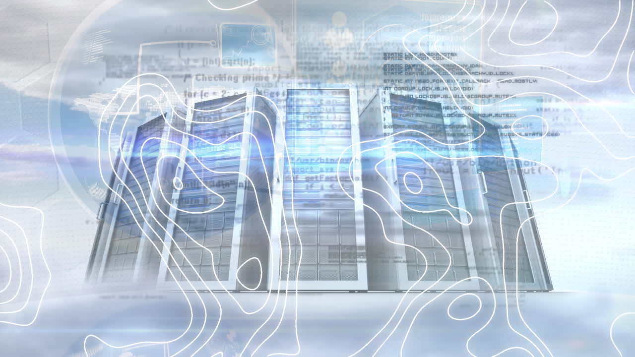 Animation of isohypses, data processing and servers over clouds