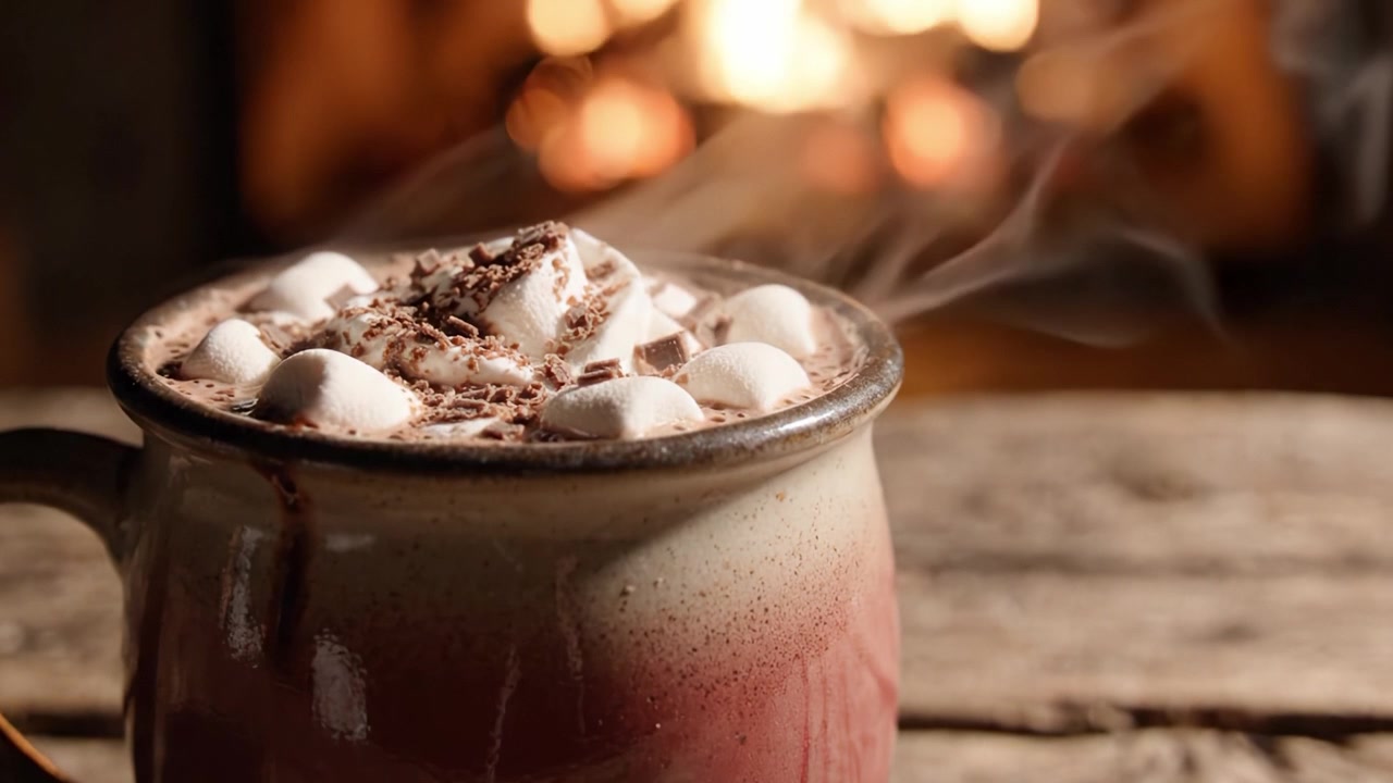 Una placentera noche acogedora: Disfrutando de una taza caliente de rico chocolate caliente cubierto con malvaviscos esponjosos, perfectamente ambientado frente a una chimenea crepitante.