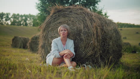 mujer sentada en la hierba descansando contra la bala de heno, masticando el follaje seco mientras mira hacia la distancia, el entorno rural pacífico captura la soledad, la relajación y la contemplación en el campo abierto