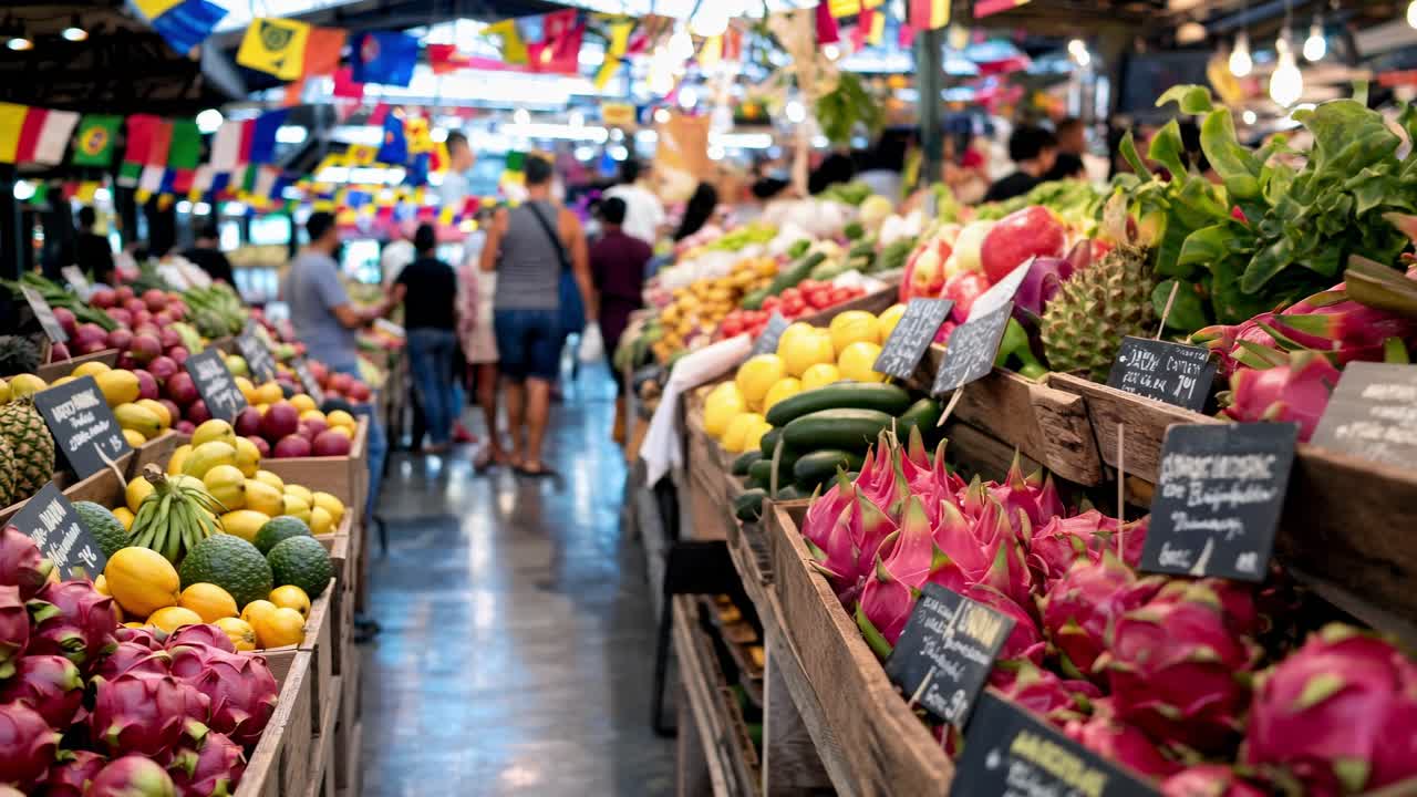 Colorful dragon fruits, mangoes, lemons and other fresh produce are neatly arranged in wooden crates at a bustling market, creating a vibrant and appealing display for shoppers
