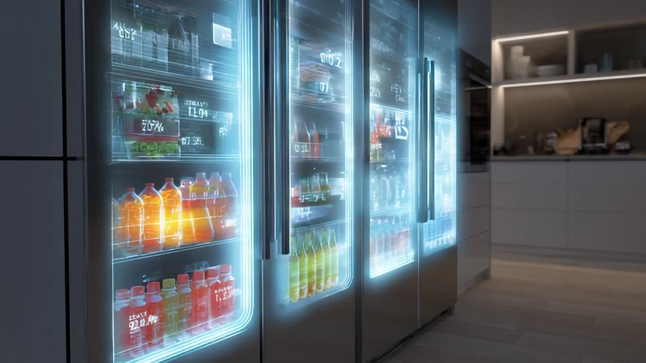 Geladeira inteligente com display transparente que mostra bebidas e lanches