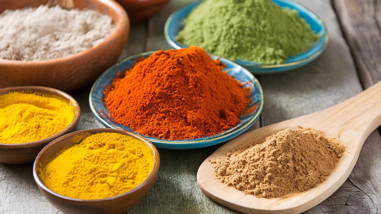 Assortment of vibrant colorful ground spices in wooden bowls