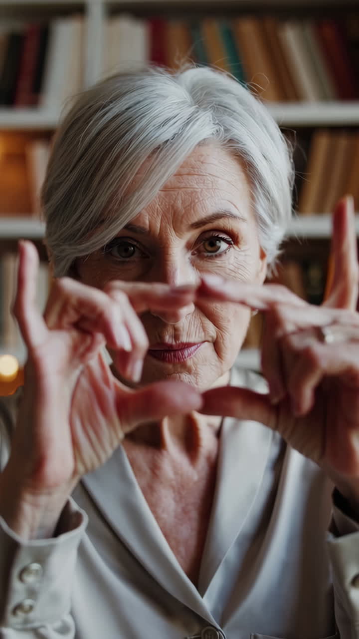 Senior Woman Framing View with Hands in Front of Bookshelves