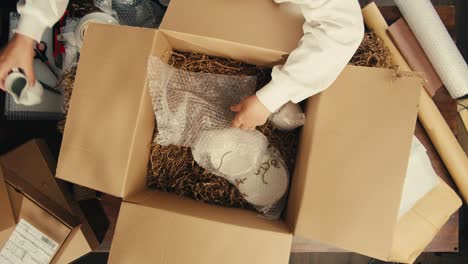 E-commerce storage shop, woman packing goods and clothes for second hand delivery market, dedicated Packaging and Shipping Workspace with Supplies and Technology for efficiency, online sales.