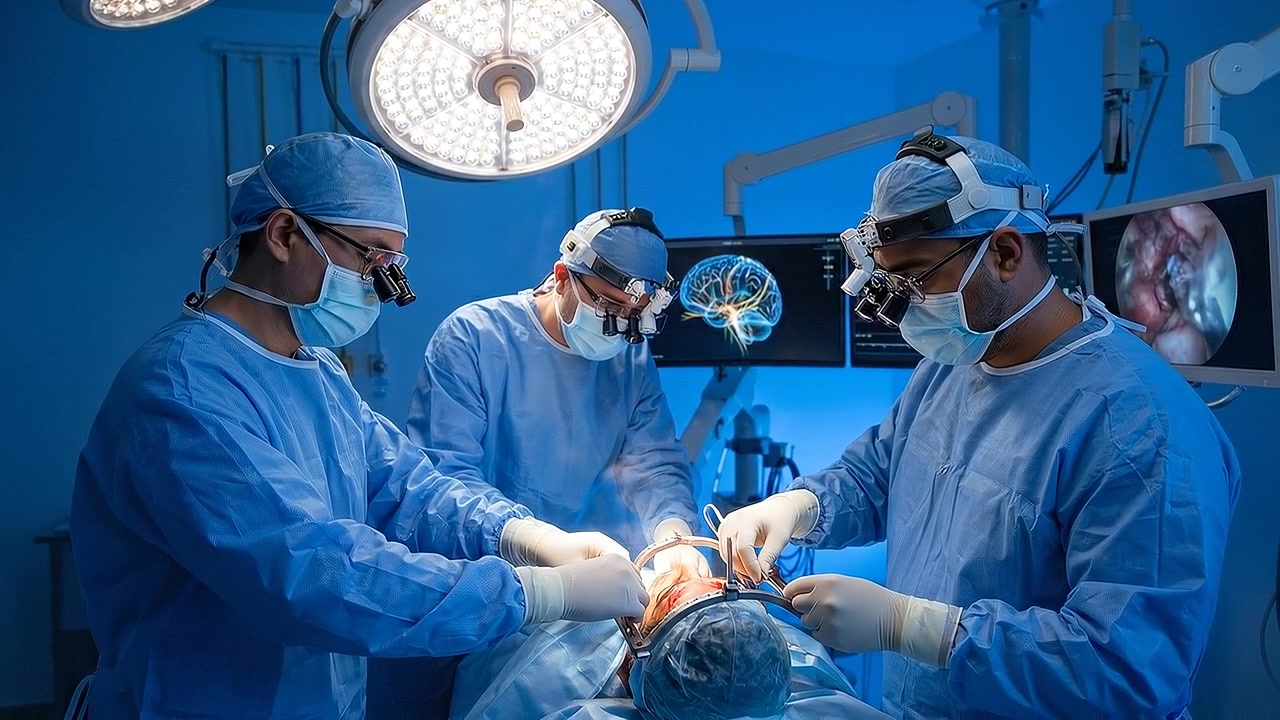 Gruppe af kirurger udfører en medicinsk operation på en moderne operationsstue